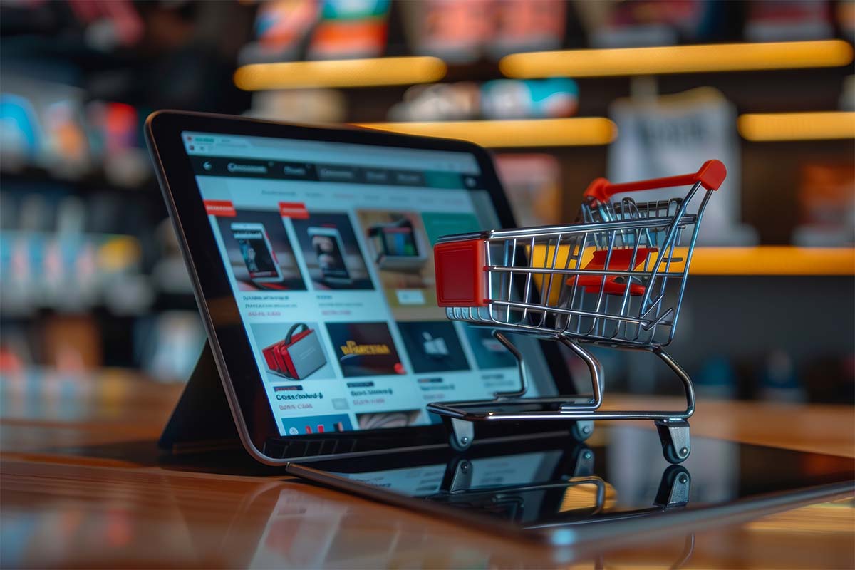 Tablet displaying an Amazon product page with a miniature shopping cart in front