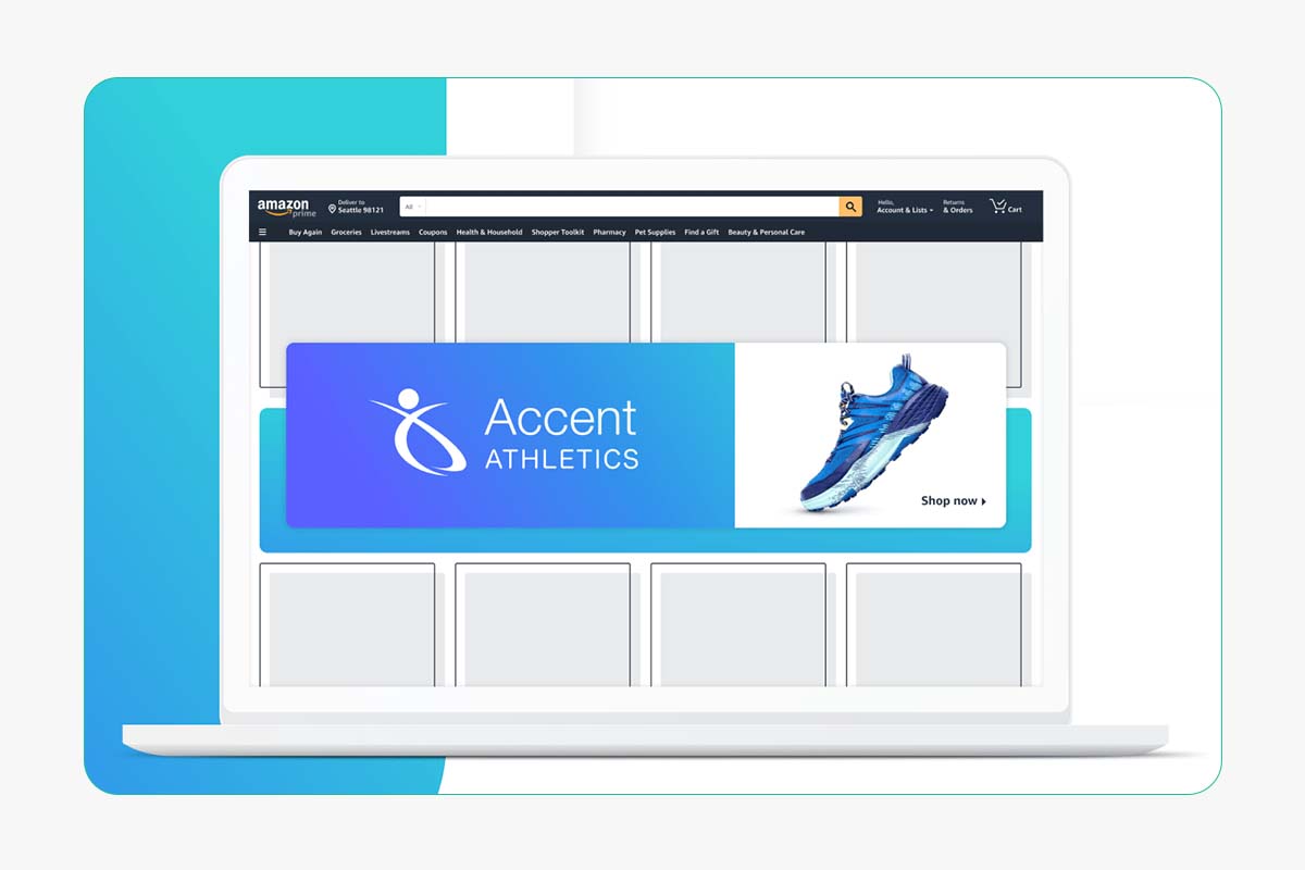 Laptop showing an Amazon product page with an Accent Athletics display ad