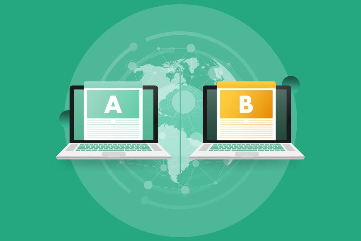 Two laptops with the word a and b on them.